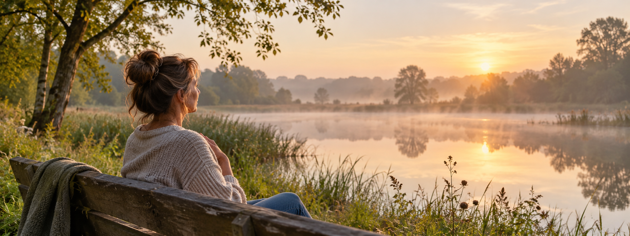 Een vrouw neemt een rustig moment voor zichzelf op een bank aan het water in zacht ochtendlicht.